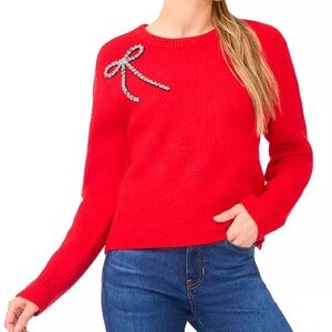 CeCe Vibrant Red Sweater with Bow Accent